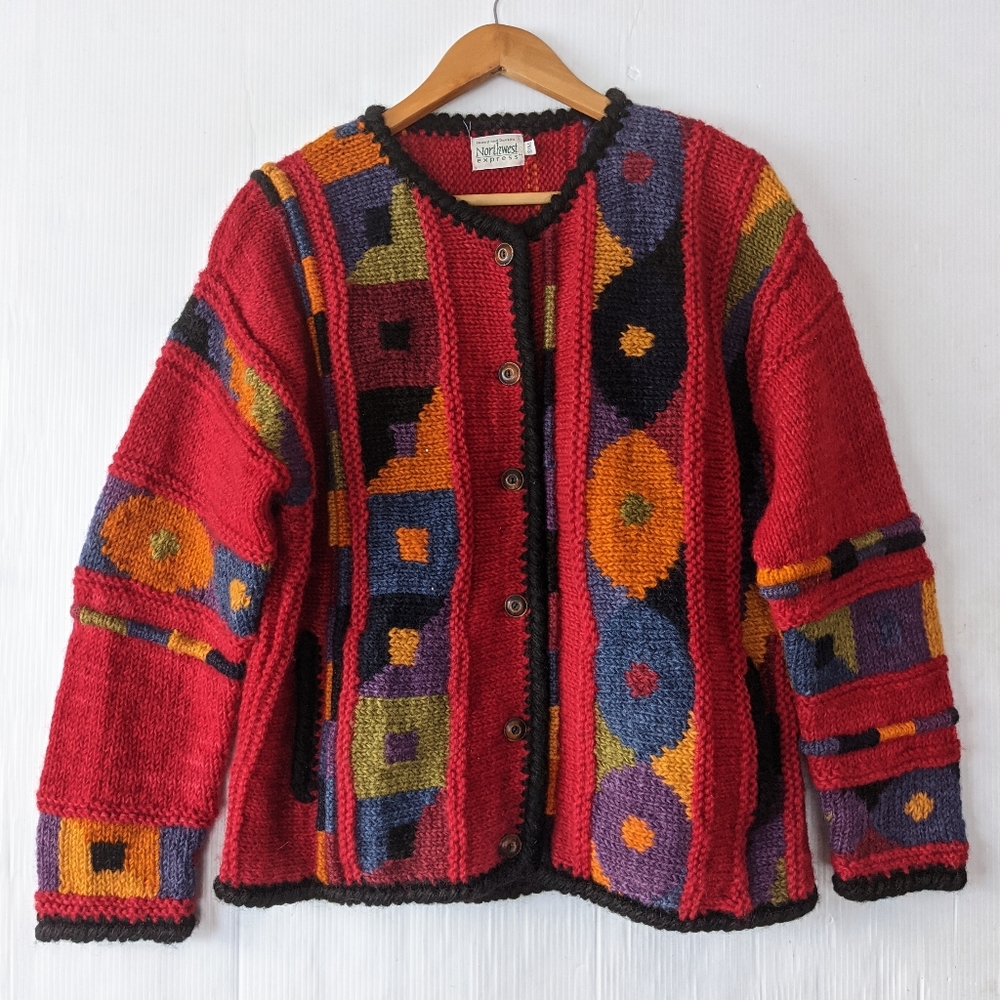 VINTAGE boho red chunky knit cardigan sweater - Picture 2 of 10